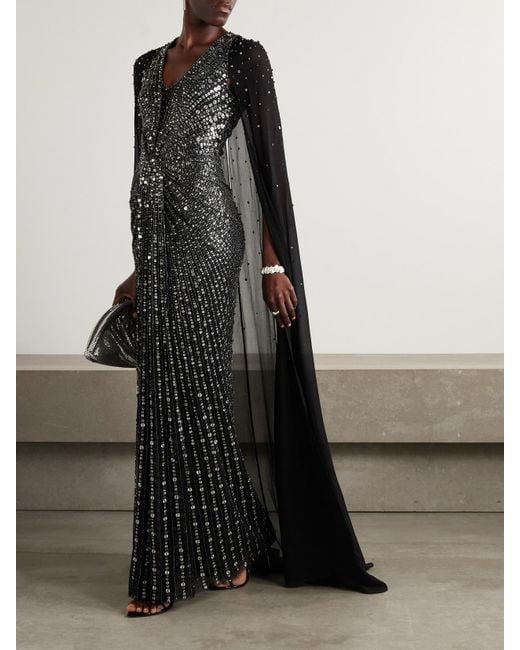 Jenny Packham Black Zenith Cape-Effect Embellished Chiffon Gown