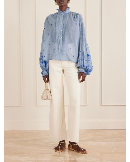 Thierry Colson Blue Slava Ruched Pleated Embroidered Cotton-Voile Shirt