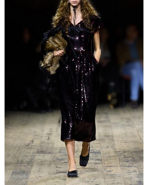 Simone Rocha Black Gathered Bow-Detailed Sequined Midi Dress