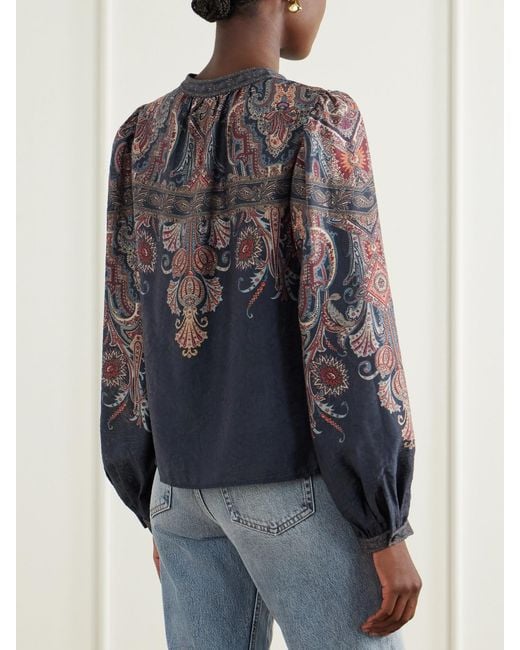 Sea Blue Hyacinth Tie-Detailed Printed Chiffon Blouse