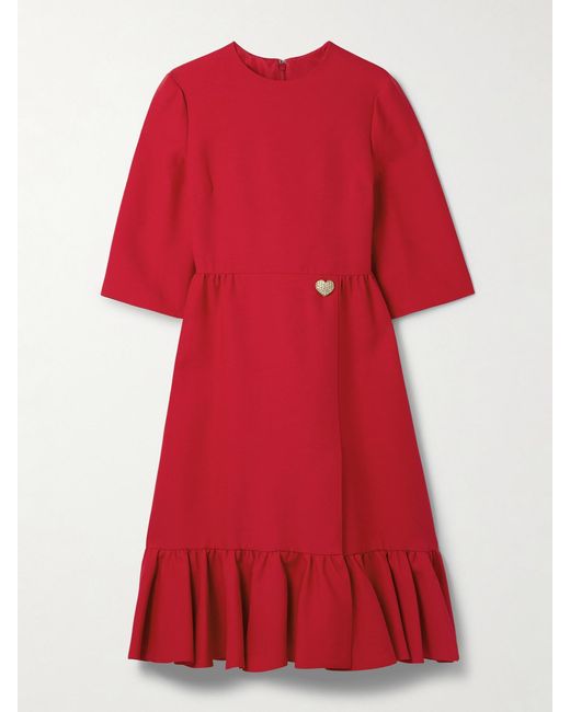 Valentino Garavani Red Embellished Wool And Silk-Blend Crepe Midi Dress