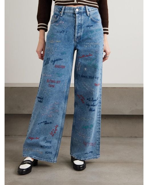 Mother Blue Double Dip Nerdy Embroidered Mid-Rise Wide-Leg Jeans