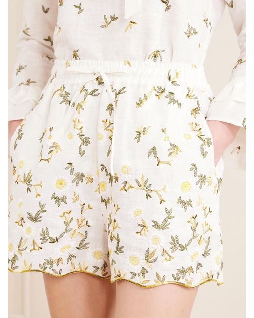 Christiano Marchelli Natural Elena Floral-Embroidered Linen Drawstring Shorts