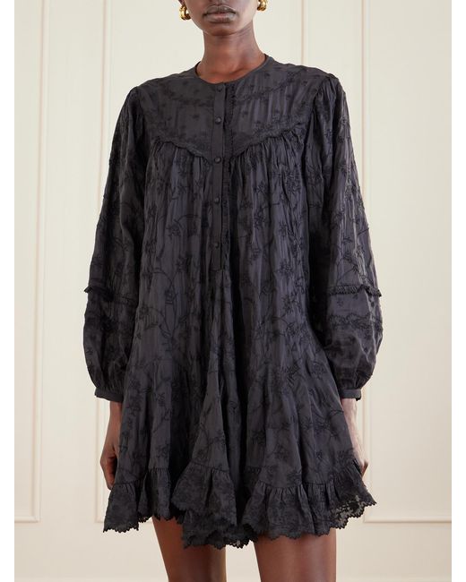Isabel Marant Blue Zame Ruffled Embroidered Cotton And Silk-Blend Mini Dress