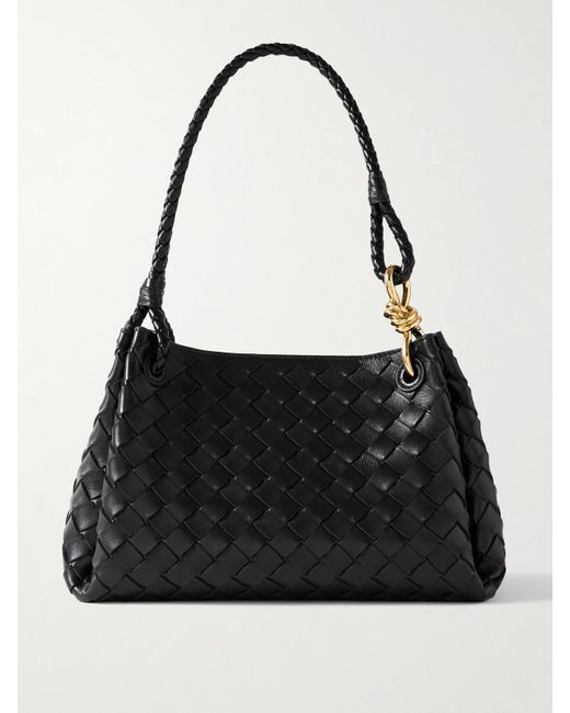 Bottega Veneta Black Parachute Medium Intrecciato Leather Shoulder Bag