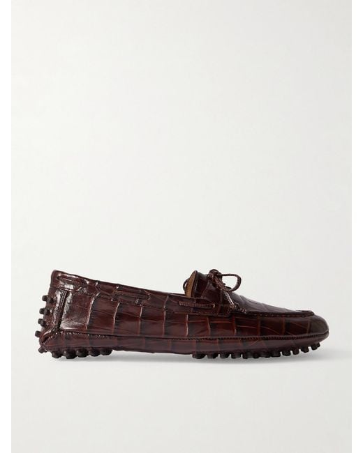 Le Monde Beryl Brown Driver Tie-Detailed Croc-Effect Leather Loafers