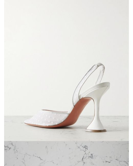 AMINA MUADDI White Holli Leather-Trimmed Flocked Polka-Dot Mesh Slingback Pumps