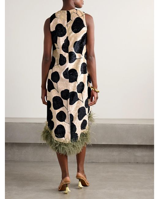 LaDoubleJ White La Scala Asymmetric Feather-Trimmed Floral-Print Crushed-Velvet Dress