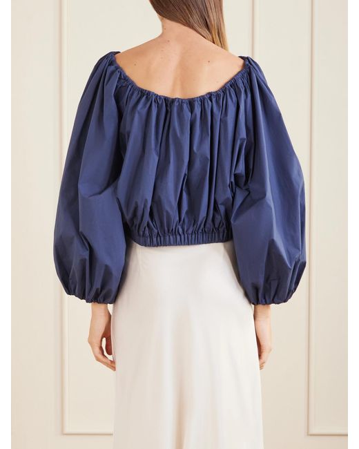 BERNADETTE Blue Ally Off-The-Shoulder Cropped Cotton-Blend Blouse