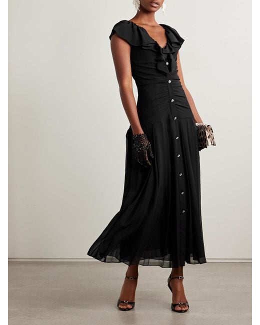 Alessandra Rich Black Midikleid Aus Crêpe De Chine Aus Seide Mit Falten, Raffungen Und Verzierungen