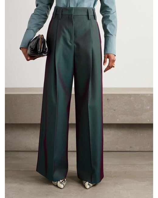 Jil Sander Green Pleated Iridescent Wool-Blend Gabardine Wide-Leg Pants