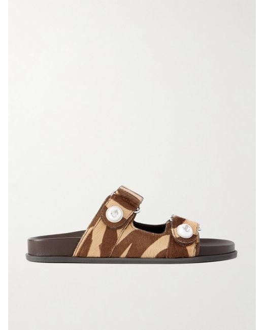 Jimmy Choo White Faux Pearl-Embellished Zebra-Print Calf Hair Sandals