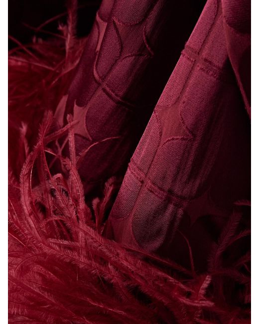 Dima Ayad Red Geometric Feather-Trimmed Devoré-Satin Blouse