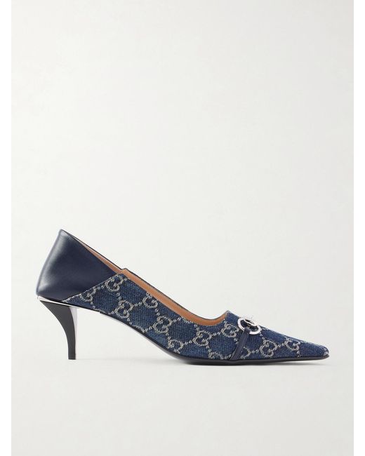 Gucci Blue Vittoria Horsebit-Embellished Canvas-Jacquard Pumps