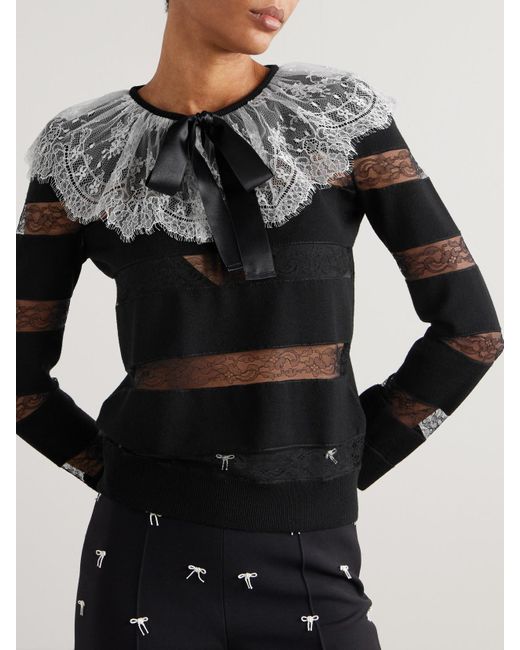 Valentino Garavani Black Bow-Embellished Striped Lace-Trimmed Wool Sweater