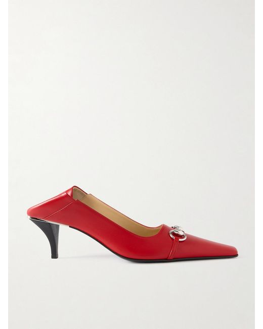 Gucci Red Vittoria Collapsible-Heel Horsebit-Embellished Leather Pumps