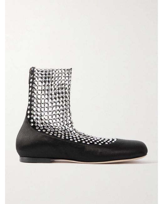 Rene Caovilla Black Crystal-Embellished Mesh-Paneled Satin Ballet Flats