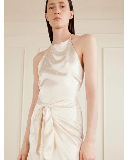 Aflalo White Nourin Polka-Dot Knotted Satin-Jacquard Halterneck Maxi Dress
