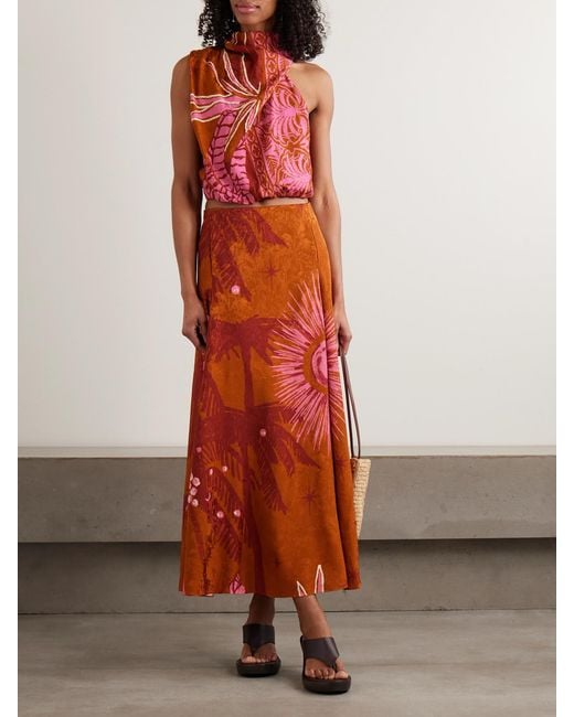 Johanna Ortiz Orange Encanto De Isla Printed Jacquard Midi Skirt