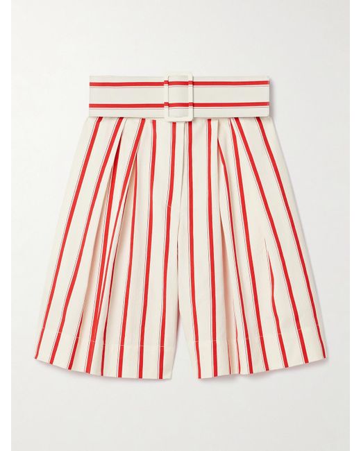 Rosie Assoulin Red Gestreifte Shorts Aus Einer Baumwollmischung Mit Fischgratmuster, Falten Und Gürtel