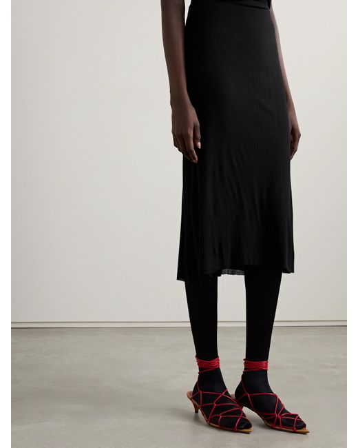 Khaite Black Leema Ribbed-Jersey Midi Skirt