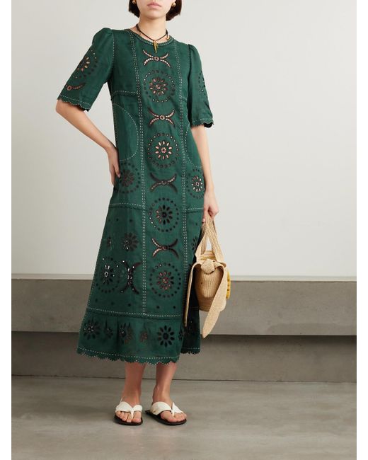 Vita Kin Green Dalida Maxikleid Aus Leinen Mit Lochstickerei Und Wellenkanten