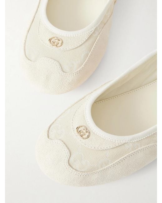Gucci Natural Shift Webbing-Trimmed Canvas-Jacquard And Suede Ballet Flats