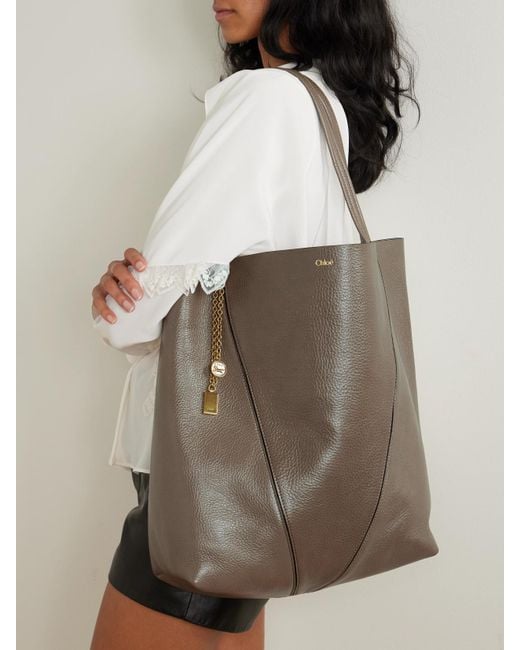 Chloé Natural Spin Embellished Paneled Textured-Leather Tote