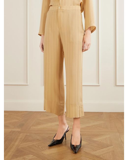 Saint Laurent Natural Striped Silk Straight-Leg Pants