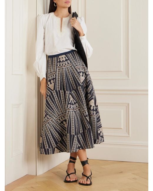 Emporio Sirenuse Gray Tasha 2 Calliope Paneled Embroidered Cotton-Blend Poplin Midi Skirt