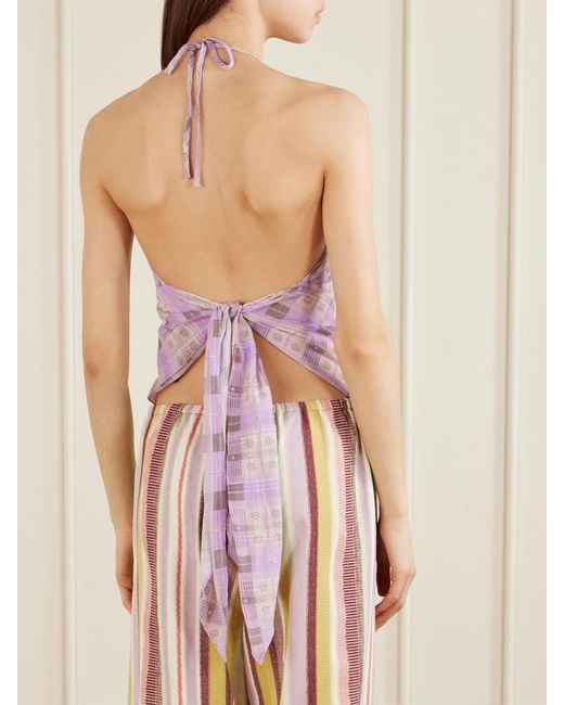 Anna Sui Pink Apron Checked Printed Cotton-Voile Halterneck Top