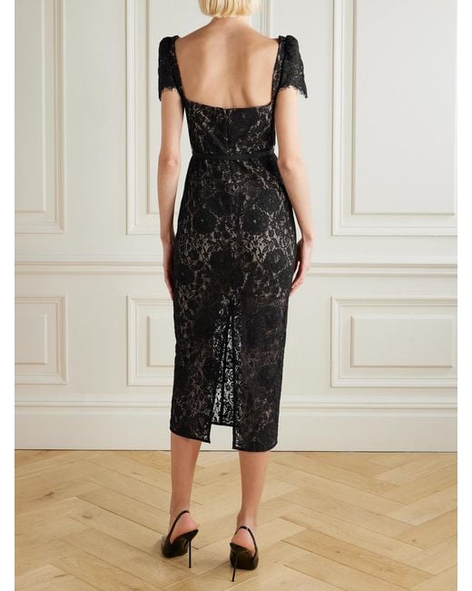 Self-Portrait Black Belted Embellished Cotton-Blend Lace Midi Dress