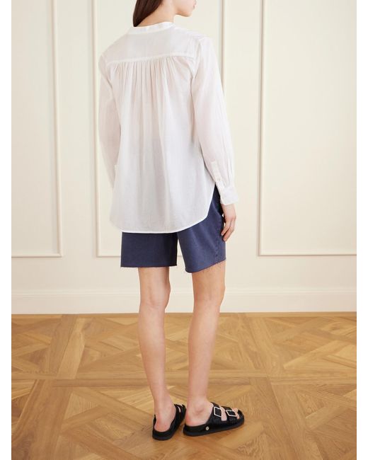 Nili Lotan White Clarys Embroidered Gathered Cotton-Voile Blouse