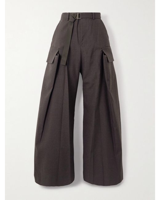 Sacai Brown Belted Woven Wide-Leg Pants