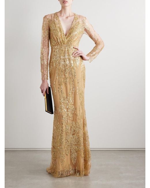Zuhair Murad Natural Wrap-Effect Embellished Tulle Gown