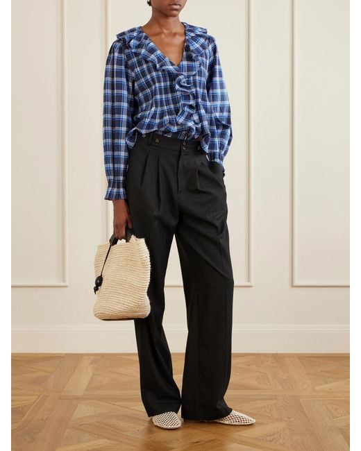 Doen Blue Hardy Checked Shirred Organic Cotton Blouse