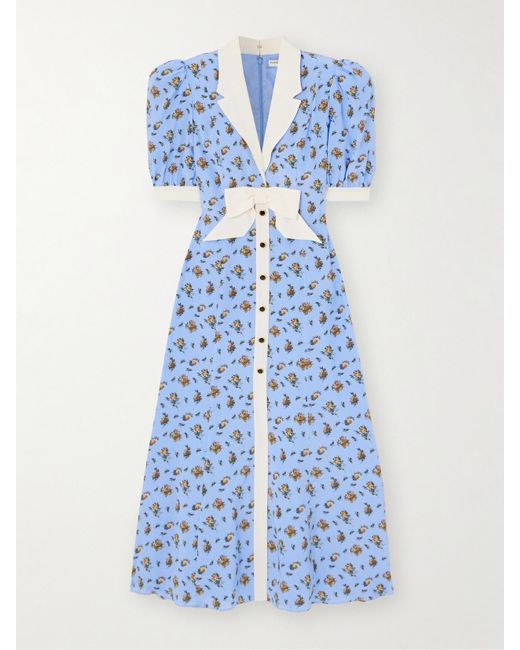 Alessandra Rich Blue Midikleid Aus Seidensatin Mit Blumenprint Und Schleife