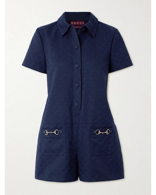 Gucci Blue Embellished Leather-Trimmed Canvas-Jacquard Playsuit