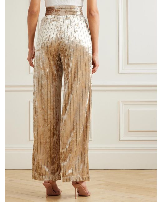 Loretta Caponi Natural Cipro Pinstriped Crushed-Velvet Wide-Leg Pants