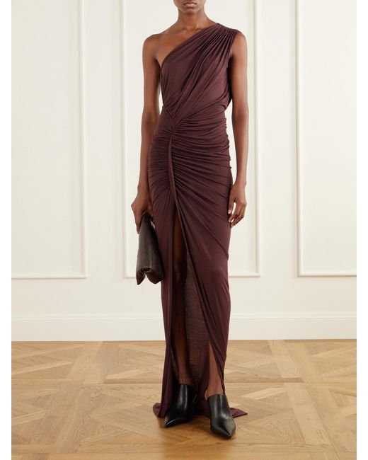 Rick Owens Purple Avra One-Shoulder Ruched Jersey Maxi Dress