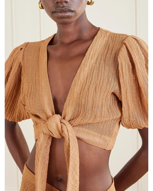 Lisa Marie Fernandez Brown Pouf Cropped Linen-Blend Gauze Wrap Top