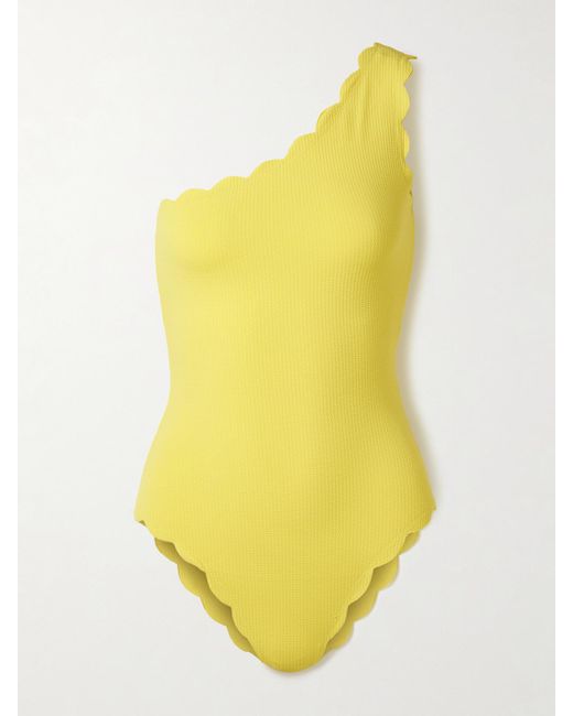 Marysia Swim Yellow Santa Barbara One-Shoulder Scalloped Seersucker Swimsuit