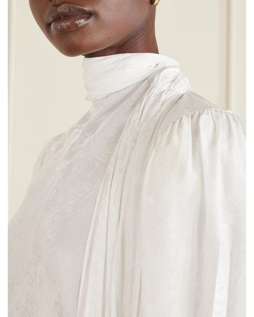 Gucci White Tie-Detailed Floral-Jacquard Satin-Crepe Blouse