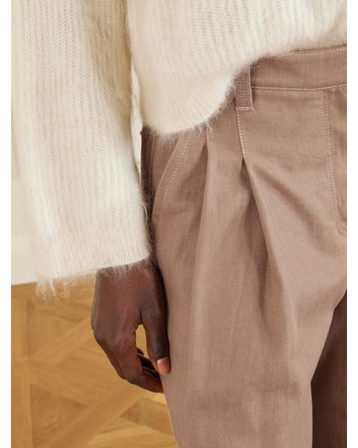 Brunello Cucinelli Natural Pleated Embellished High-Rise Wide-Leg Jeans