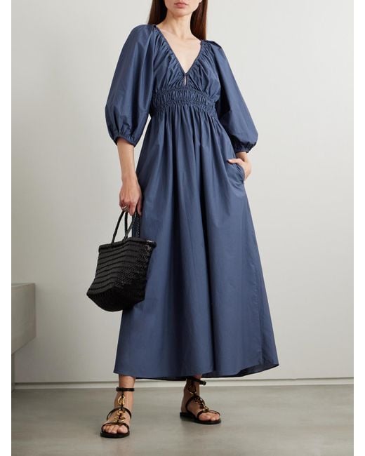 Matteau Blue Shirred Organic Cotton-Poplin Maxi Dress