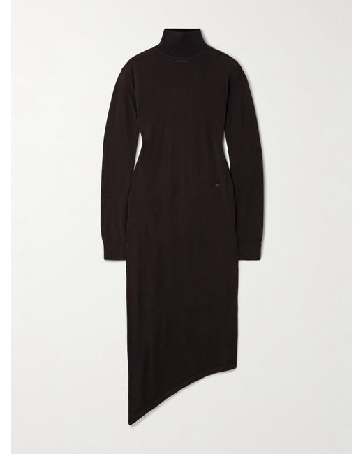 Courreges Black Asymmetrisches Midikleid Aus Merinowolle Mit Stickerei