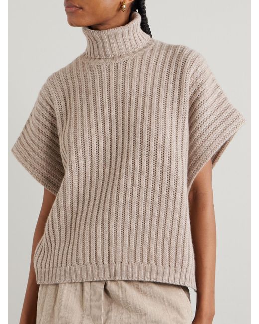 Brunello Cucinelli Natural Ribbed Cashmere Turtleneck Sweater