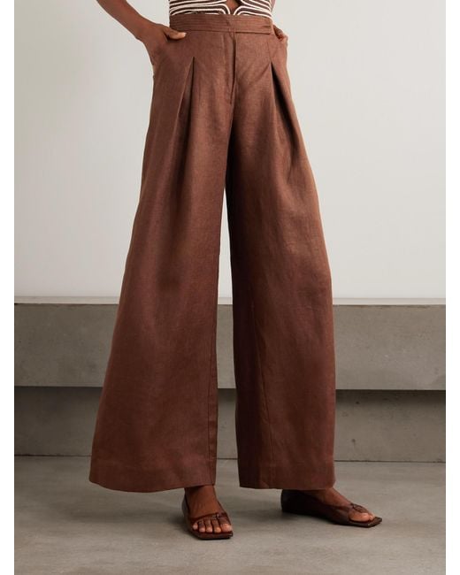 ANDRES OTALORA Brown Desperate Pleated Linen Wide-Leg Pants