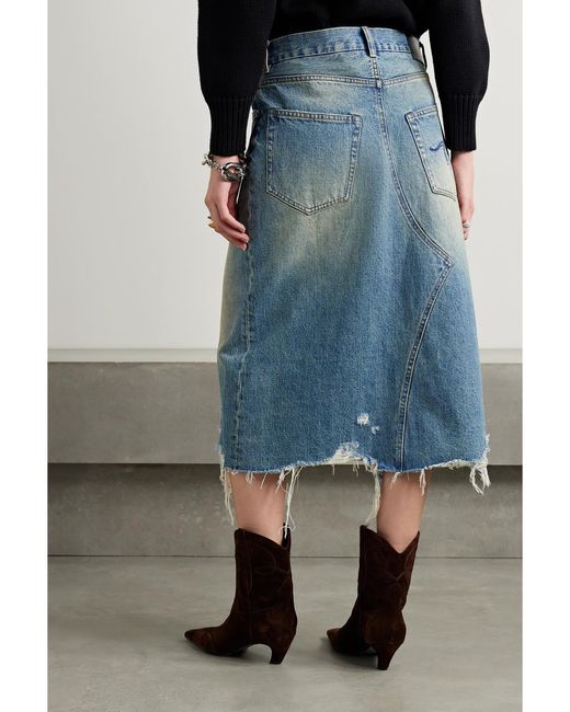 R13 Blue Jesse Distressed Denim Midi Skirt