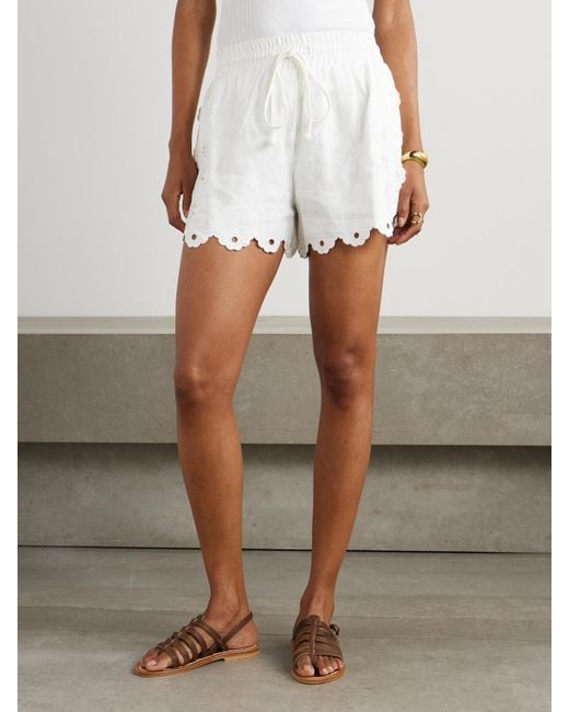 Farm Rio White Flowers Richelieu Scalloped Broderie Anglaise Linen Shorts